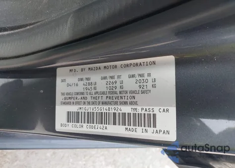 2016 Mazda Mazda6 I Touring from USA, damaged, VIN JM1GJ1V55G1481924